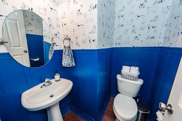 bathroom with hardwood / wood-style flooring, toilet, and sink