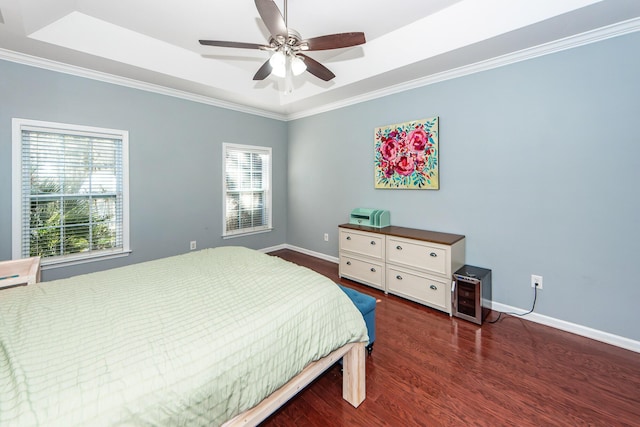 bedroom with multiple windows, a raised ceiling, ceiling fan, and ornamental molding