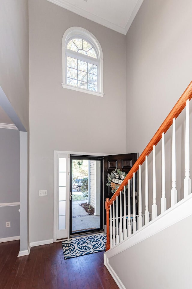 entrance foyer with a towering ceiling, dark hardwood / wood-style floors, and crown molding