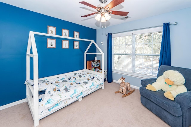 bedroom with carpet flooring and ceiling fan