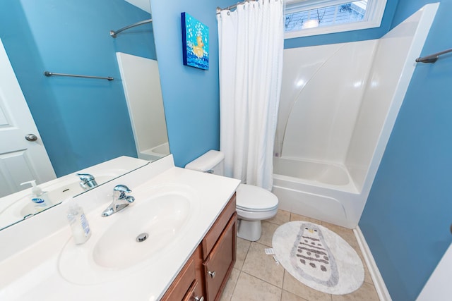 full bathroom with toilet, shower / bath combination with curtain, vanity, and tile patterned floors