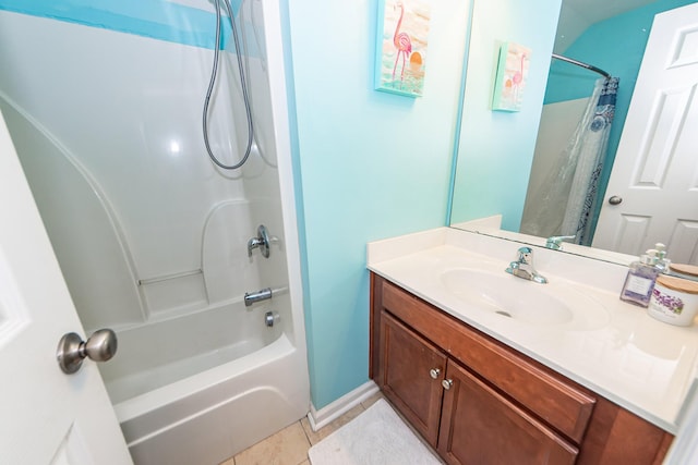 bathroom featuring vanity, tile patterned floors, and shower / tub combo with curtain