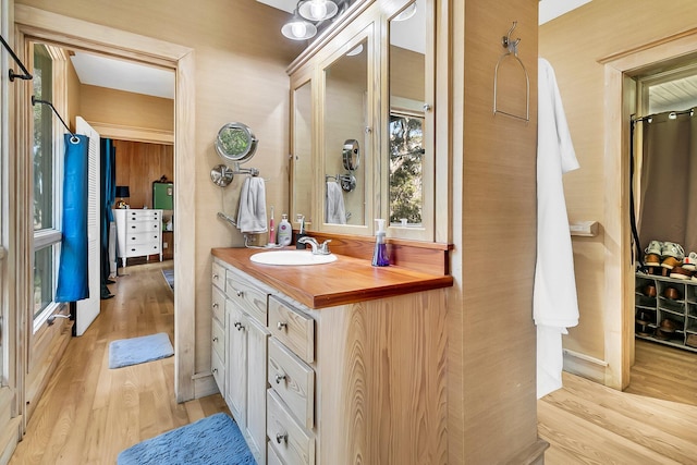 bathroom featuring vanity and hardwood / wood-style flooring