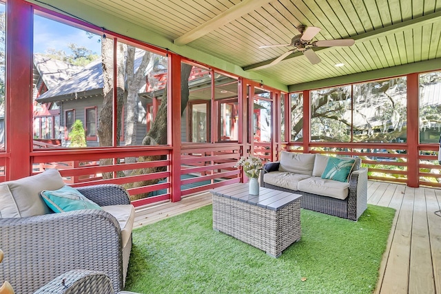 sunroom / solarium with beam ceiling, ceiling fan, and wood ceiling