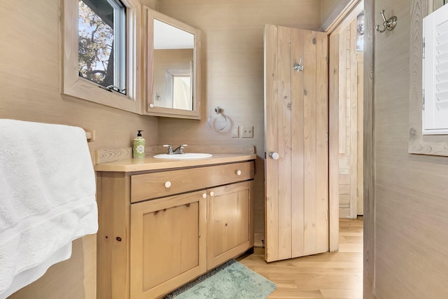 bathroom featuring hardwood / wood-style floors and vanity