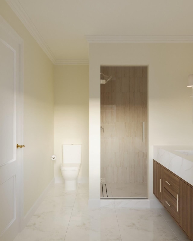 bathroom featuring toilet, crown molding, tile patterned floors, vanity, and tiled shower