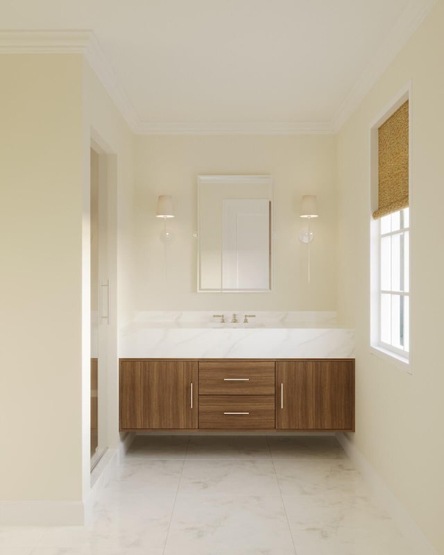 bathroom with tile patterned floors, vanity, and crown molding