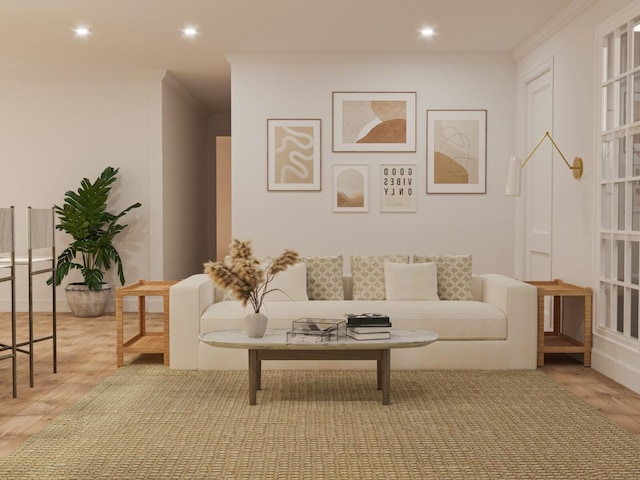 living room featuring light wood-type flooring and crown molding