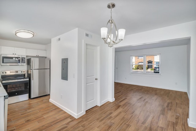 kitchen with visible vents, light wood finished floors, electric panel, white cabinets, and appliances with stainless steel finishes