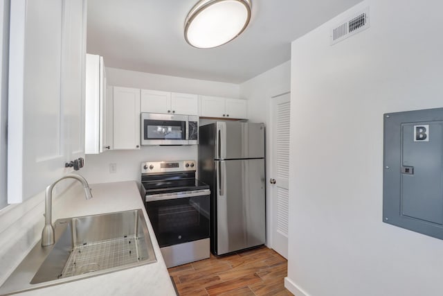 kitchen with visible vents, electric panel, a sink, white cabinets, and appliances with stainless steel finishes