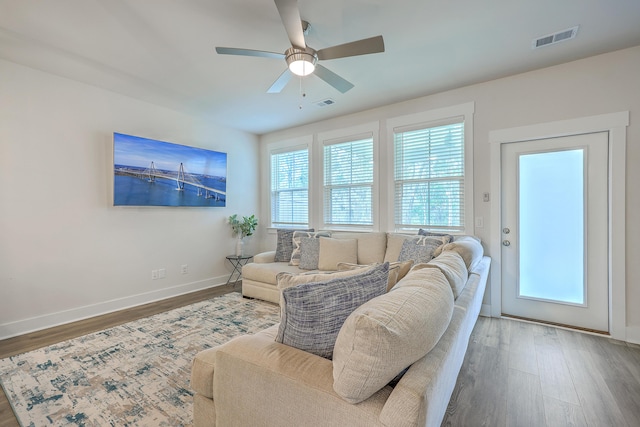 7803 Park Gate Dr, Charleston, SC 29418 - living area featuring visible vents, a ceiling fan, and wood finished floors