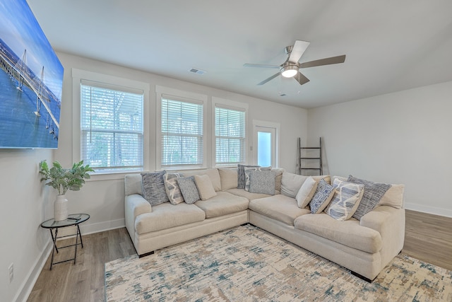 7803 Park Gate Dr, Charleston, SC 29418 - living area with baseboards, visible vents, wood finished floors, and a ceiling fan