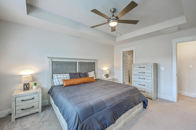 7803 Park Gate Dr, Charleston, SC 29418 - bedroom featuring baseboards, a ceiling fan, attic access, a raised ceiling, and light colored carpet