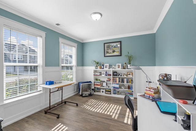 office space featuring hardwood / wood-style floors and ornamental molding