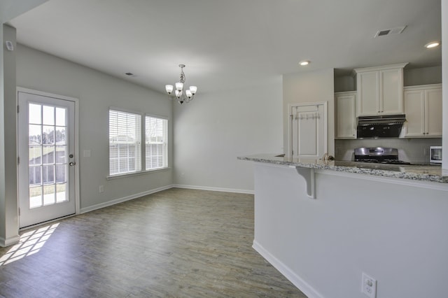 kitchen with tasteful backsplash, extractor fan, light stone counters, wood finished floors, and gas stove