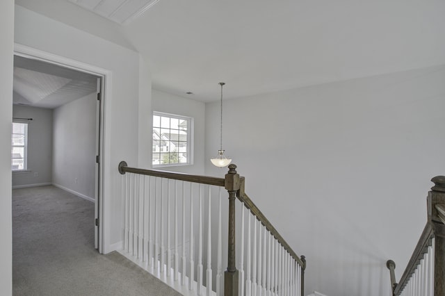 corridor with carpet flooring, an upstairs landing, baseboards, and a wealth of natural light