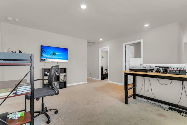 home office featuring recessed lighting, baseboards, and carpet floors