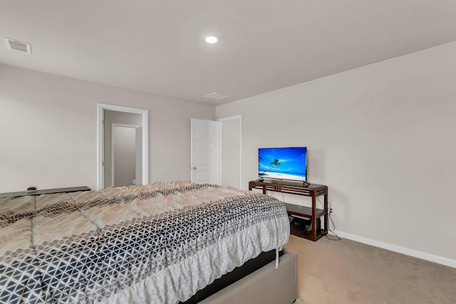 bedroom featuring visible vents, carpet floors, and baseboards