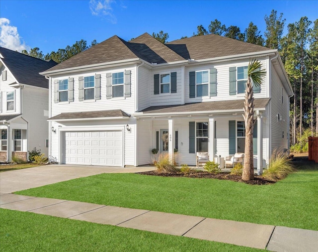 view of front of house featuring a garage, covered porch, and a front lawn