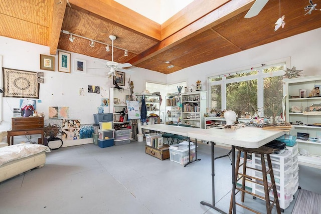kitchen featuring ceiling fan, wood ceiling, and rail lighting