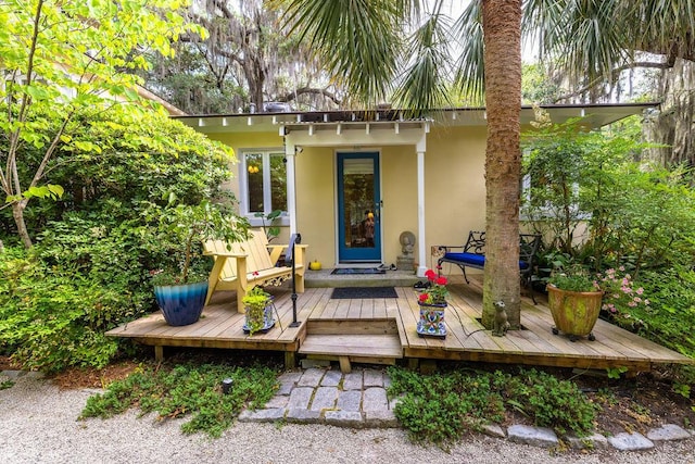 view of exterior entry featuring a wooden deck and stucco siding