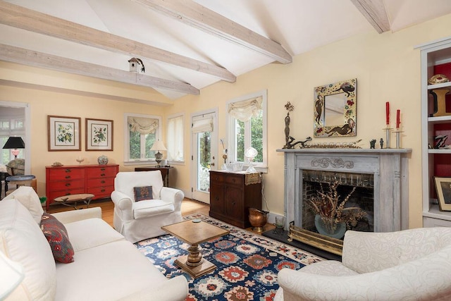 living room with a fireplace and wood finished floors