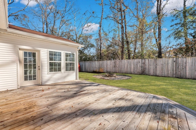 deck with a fire pit and a lawn