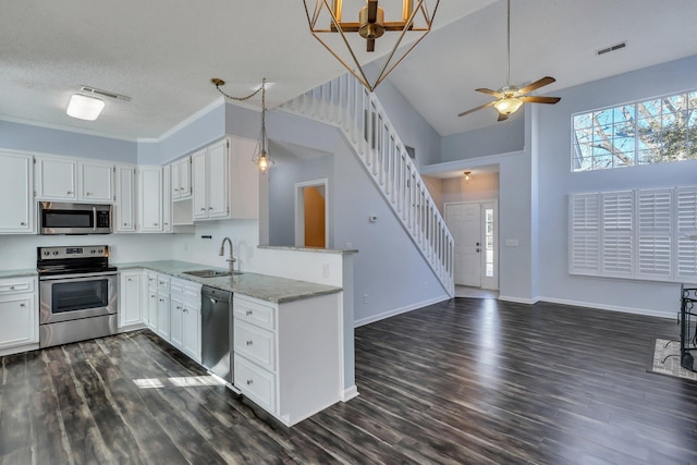 kitchen featuring sink, dark wood-type flooring, white cabinetry, stainless steel appliances, and a textured ceiling