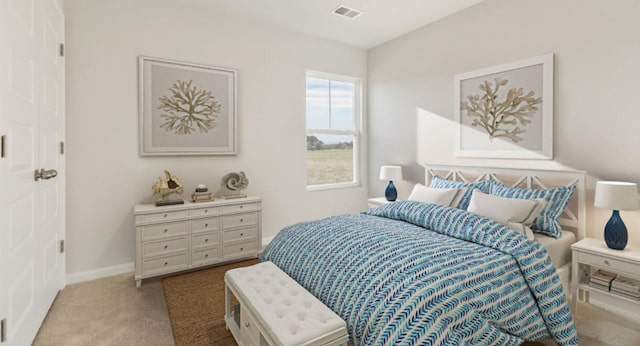 bedroom featuring light colored carpet, visible vents, and baseboards