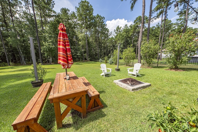 surrounding community featuring a yard and an outdoor fire pit