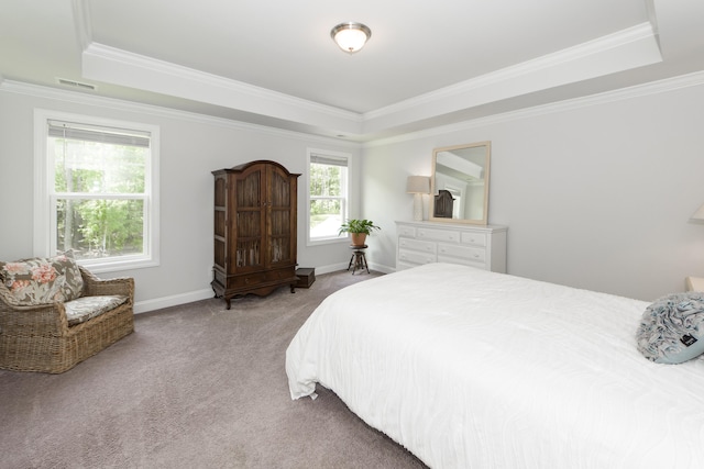 carpeted bedroom with a tray ceiling and ornamental molding