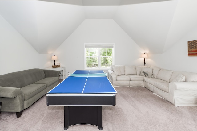 rec room with light colored carpet and lofted ceiling