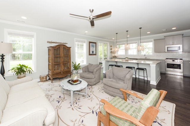 living room featuring dark hardwood / wood-style floors, ceiling fan, and ornamental molding