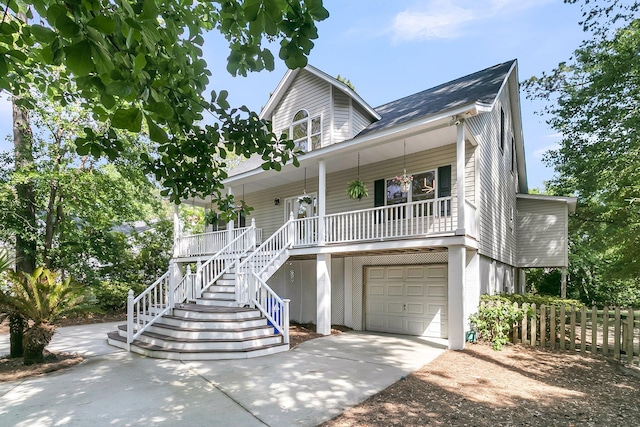 coastal home with a porch, driveway, an attached garage, stairway, and fence