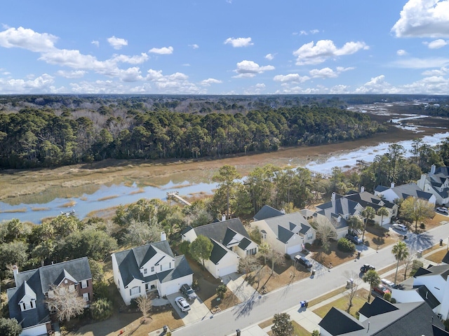 drone / aerial view with a water view