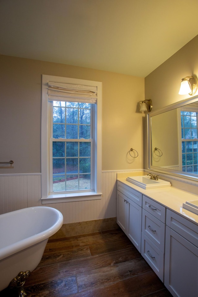 full bath featuring vanity, plenty of natural light, and wainscoting