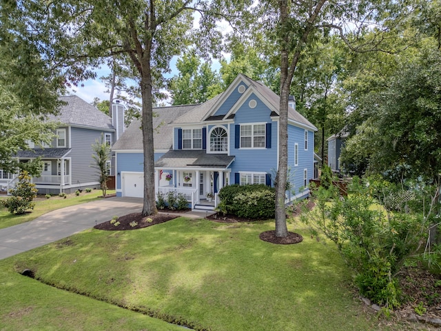 1250 White Tail Path, Charleston, SC 29414 - view of front of property with a chimney, concrete driveway, a front lawn, a garage, and a shingled roof