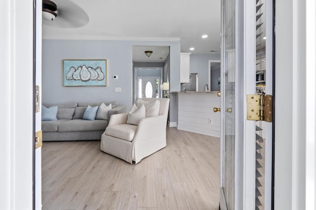 1250 White Tail Path, Charleston, SC 29414 - living area with a ceiling fan, light wood-type flooring, recessed lighting, and crown molding