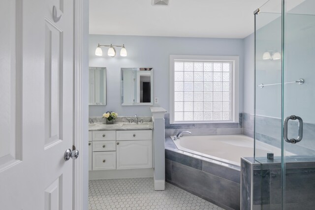 1250 White Tail Path, Charleston, SC 29414 - bathroom with double vanity, a bath, tile patterned flooring, and a shower stall
