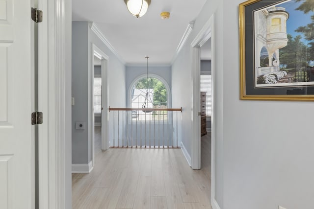 1250 White Tail Path, Charleston, SC 29414 - hallway featuring baseboards, wood finished floors, crown molding, and a chandelier