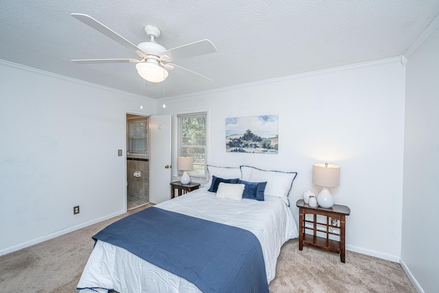 bedroom featuring ornamental molding, light colored carpet, ceiling fan, and a textured ceiling
