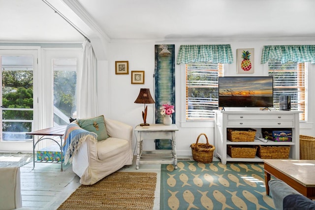 sitting room with crown molding and hardwood / wood-style flooring