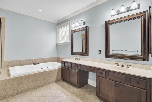 full bathroom featuring crown molding, a garden tub, tile patterned floors, and a sink