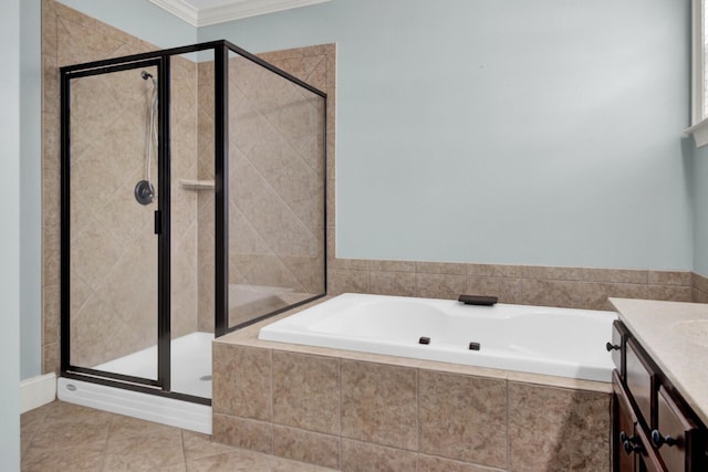 bathroom with vanity, ornamental molding, a shower stall, and a bath