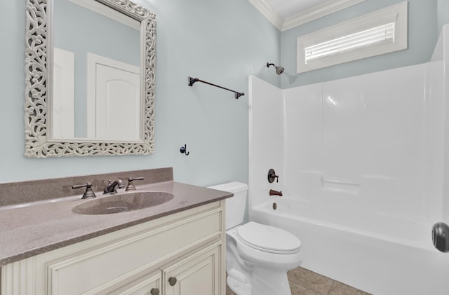 bathroom featuring vanity, ornamental molding, tile patterned flooring, shower / tub combination, and toilet