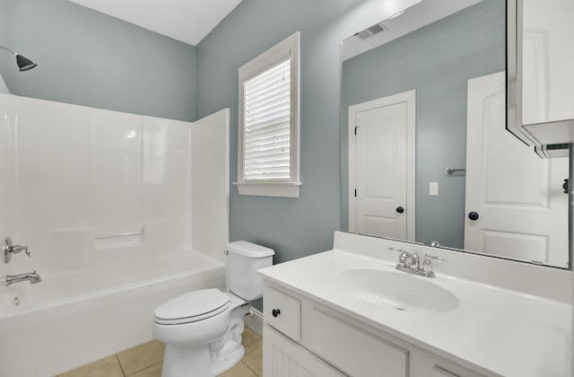 bathroom with visible vents, toilet, bathtub / shower combination, tile patterned floors, and vanity