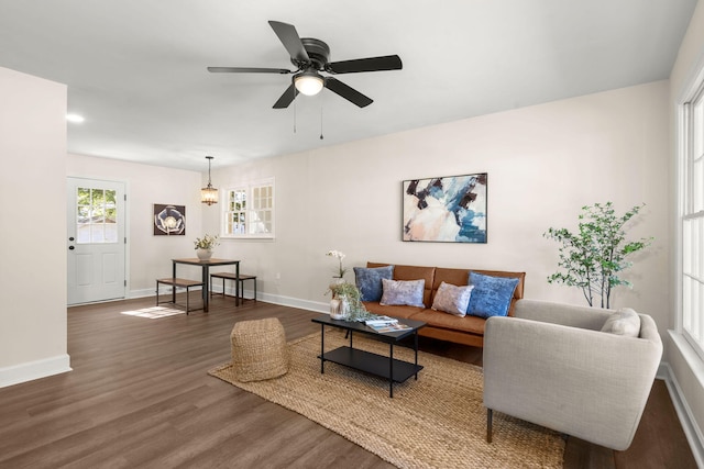 105 Bermuda Ct, Summerville, SC 29485 - living area featuring dark wood finished floors, baseboards, a ceiling fan, and a chandelier