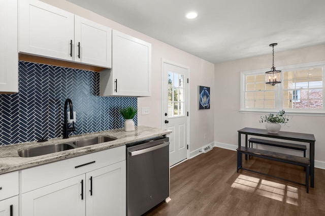 105 Bermuda Ct, Summerville, SC 29485 - kitchen with dishwasher, a sink, backsplash, baseboards, and dark wood-style flooring