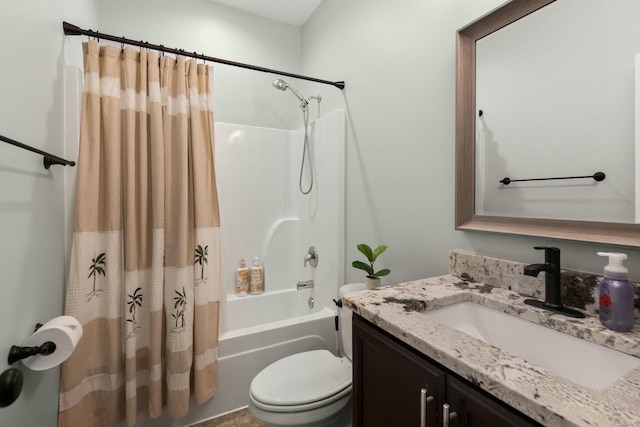 bathroom with vanity, toilet, and shower / tub combo with curtain