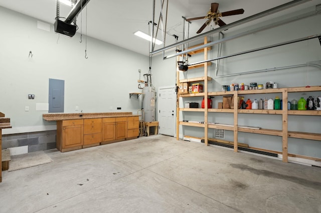 garage featuring a ceiling fan, electric panel, a garage door opener, and water heater